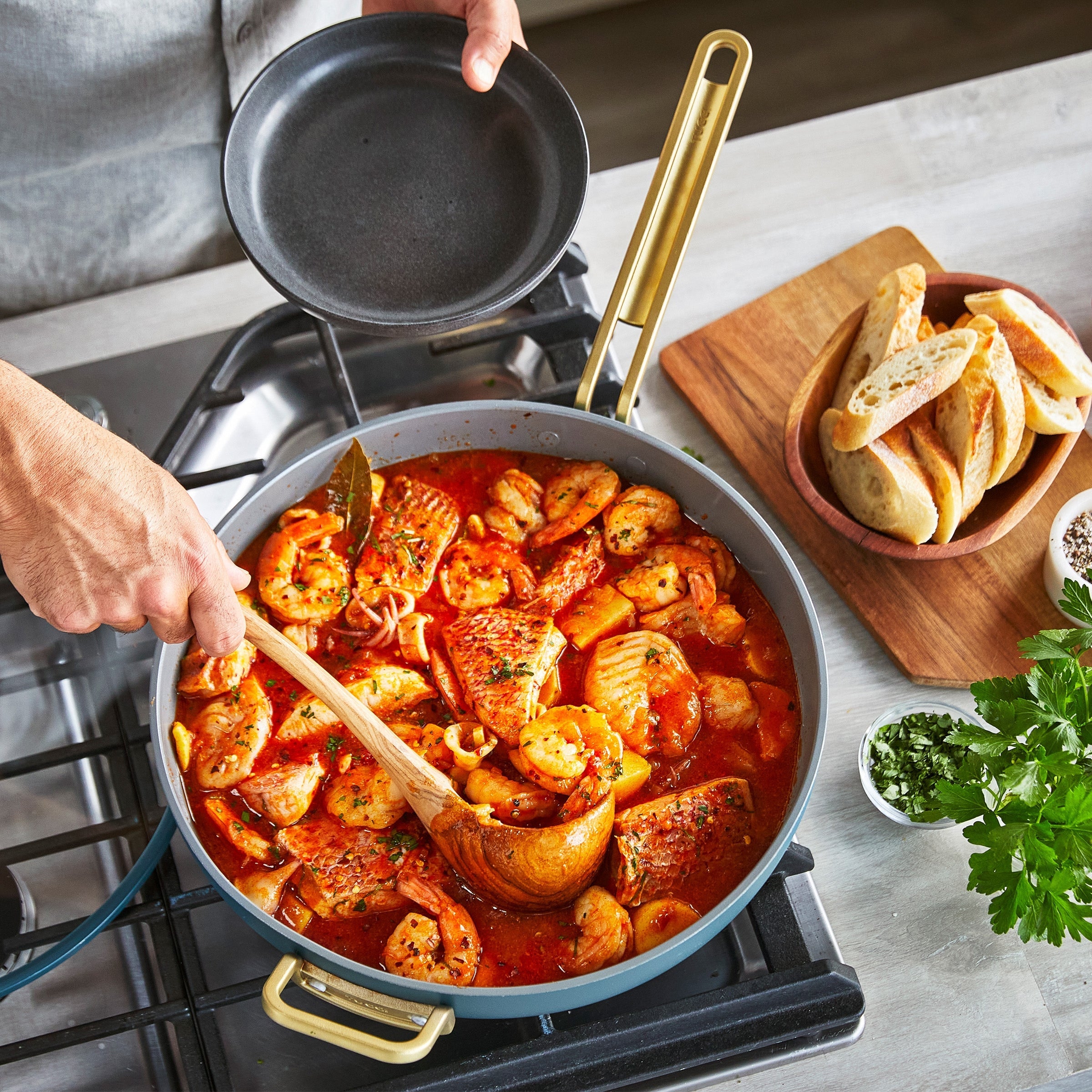 GreenPan™ Stanley Tucci™ Ceramic Nonstick 33cm Stanley Pan with Lid, Venetian Teal