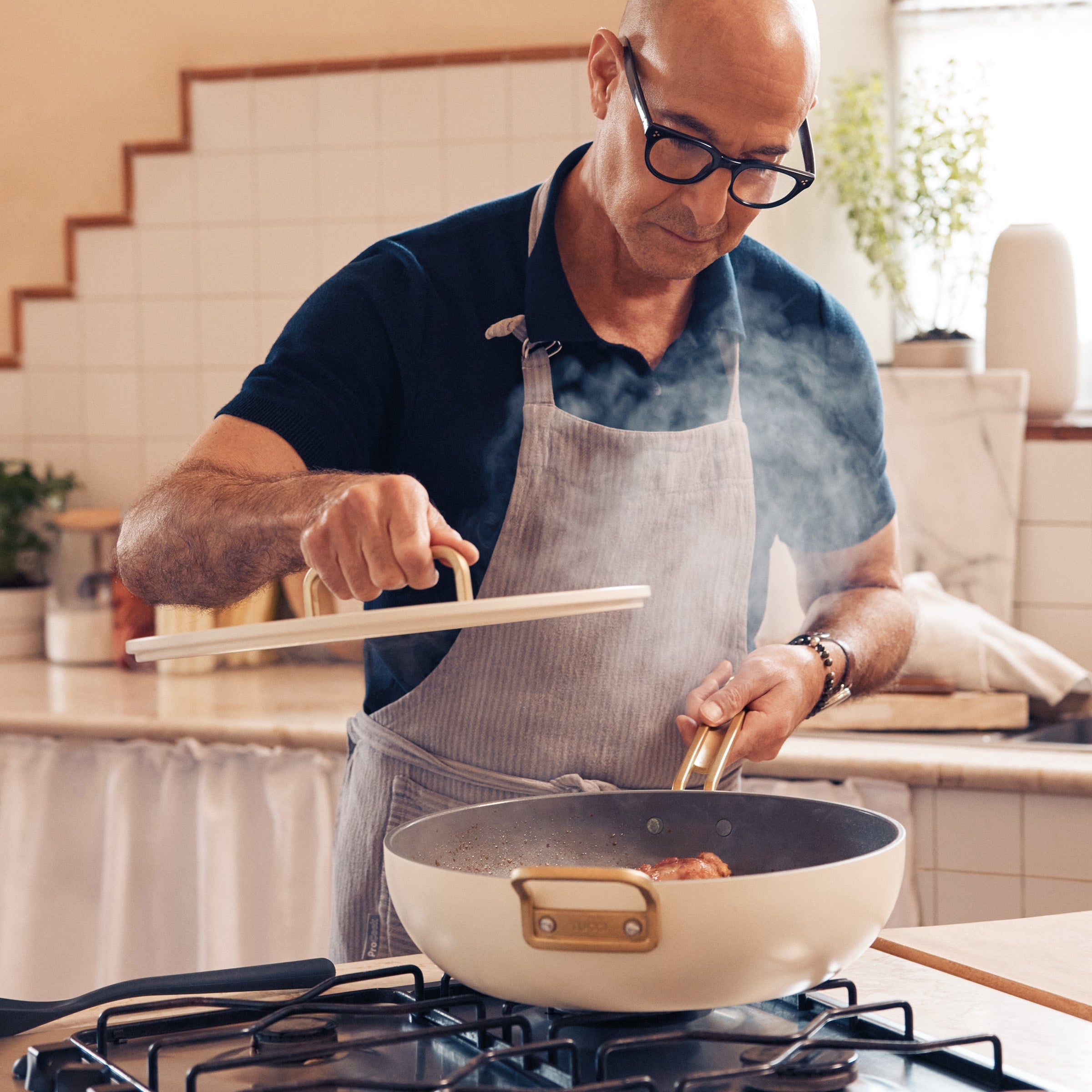 GreenPan™ Stanley Tucci™ Ceramic Nonstick 33cm Stanley Pan with Lid, Carrara White