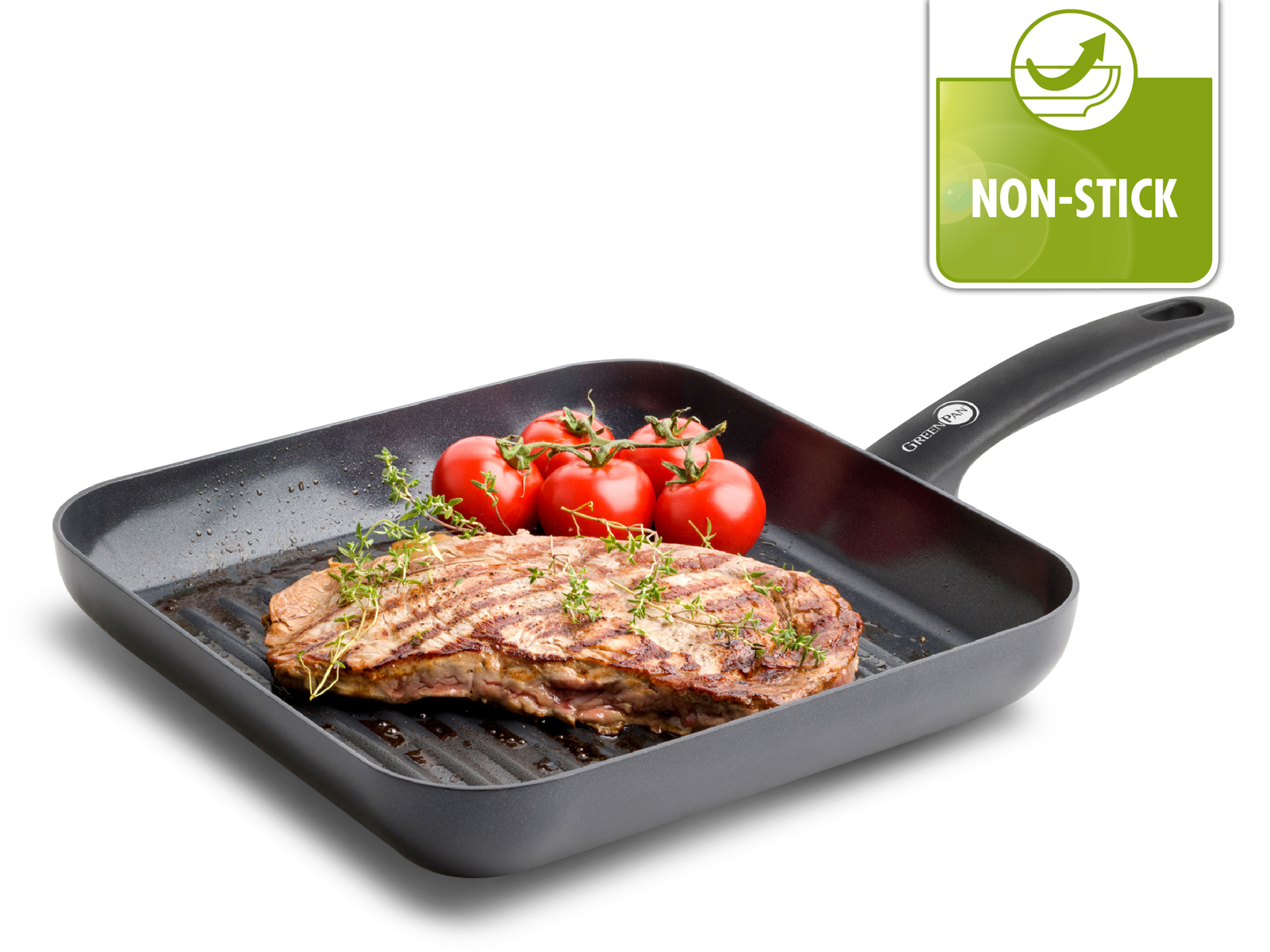 Cambridge Black Grillpan vierkant 28cm zwart met vlees en tomaten