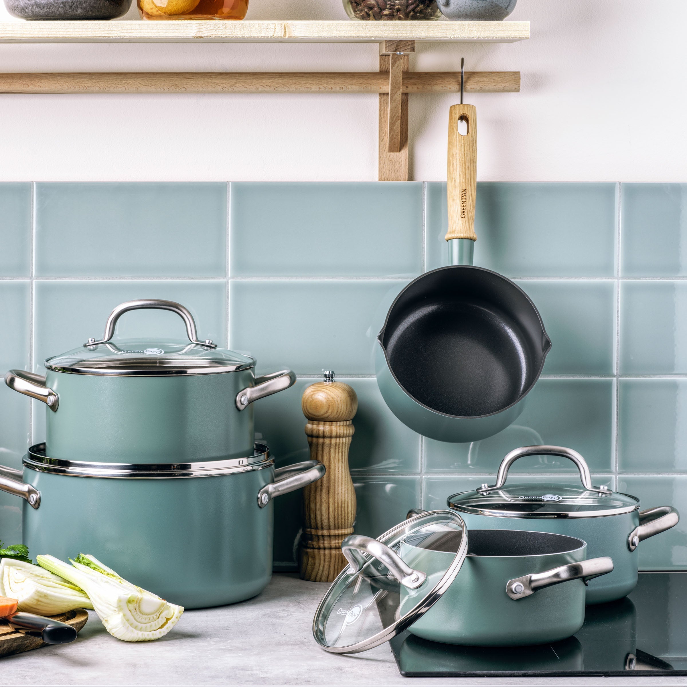 Greenpan Mayflower Kookpannen Braadnpannen 16cm 18cm 20cm 9-delige Keramisch inductie pfas-vrij  vooraanzicht